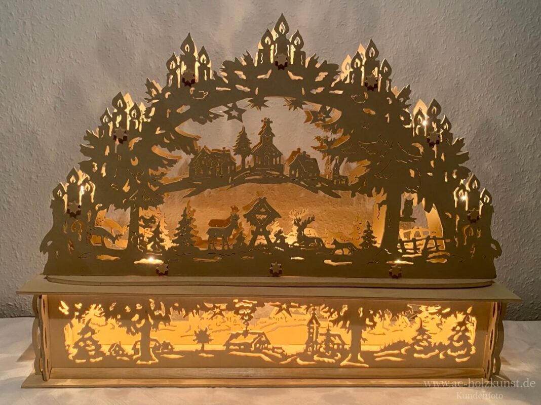 Doppelter Schwibbogen Waldblick mit Sockel Laubsägearbeit